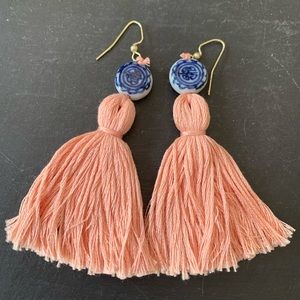 The Tiny Tassel Blue & White Chinese Bead & Pink Rose Peach Tassel Earrings